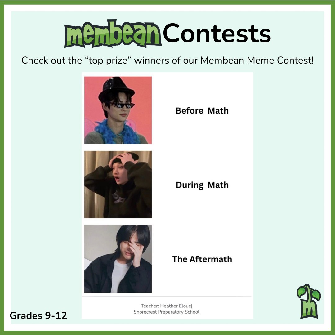 🎉 It’s the final round of our Membean Meme Contest winners! 🎉 Did your favorites make the cut? 

Congrats to all the finalists &amp; winners, and a huge thanks to everyone who participated!

#ThatsAMembeanWord #MembeanMeme #ContestWinners #CelebratingExcellence