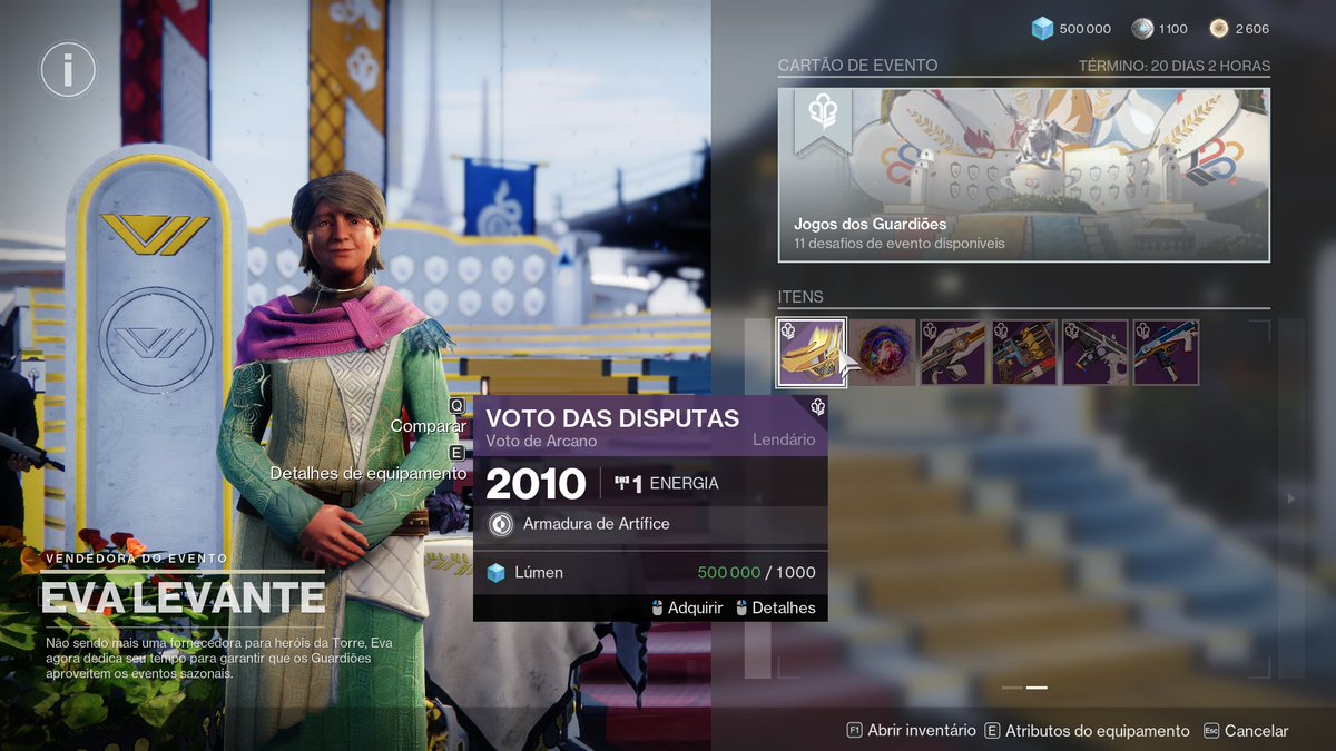 🚨 AVISO DE UTILIDADE PÚBLICA!

A Eva Levante está oferecendo o item de classe do evento ARTÍFICE na segunda página.

Desse jeito você não terá que passar 3 semanas com um item de classe que prejudica os atributos da sua build 😉