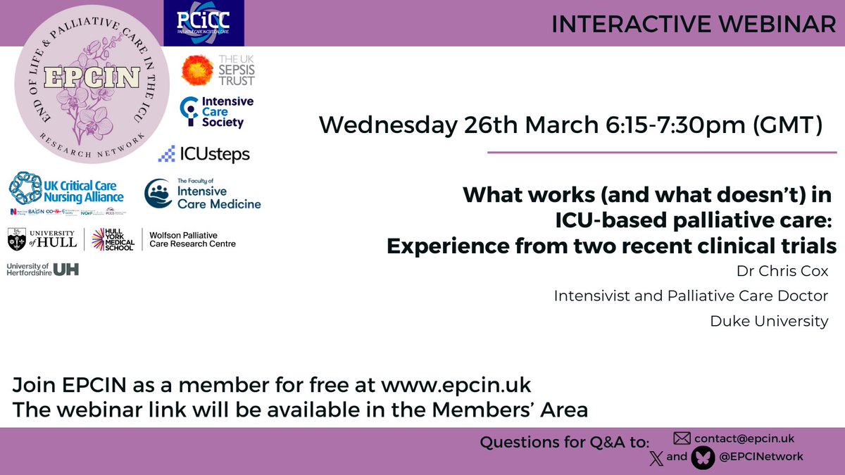 Our next free webinar is almost here! 

Wednesday 26th March 18:15 GMT

Professor <a href="/christopherecox/">Christopher Cox</a> joins us to discuss experiences conducting influential clinical trials within ICU-based palliative care including tackling terminology

Join us for some interactive discussion!