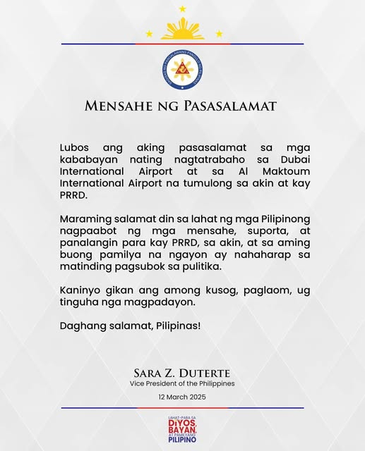 archiekins29's tweet photo. VP Sara Mensahe ng Pasasalamat
#BRINGHIMHOME ๐
#BringPPRDBackToThePh
#WeStandWithDuterte
#WeStandWithFPRRD
#WeAreNotFilipinoForNothing https://t.co/MnOkHVjHun