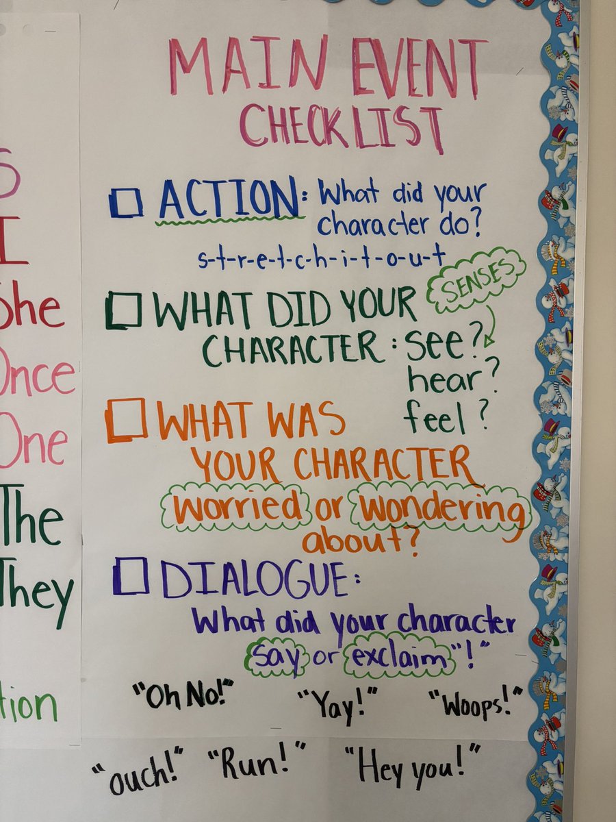 How it started: “I finally learned how to paddle a canoe” VS what it became! We used our main event writing skills to convert a boring main event into an exciting one. Don’t forget to s-t-r-e-t-c-h-i-t-o-u-t when adding action to your stories 😊