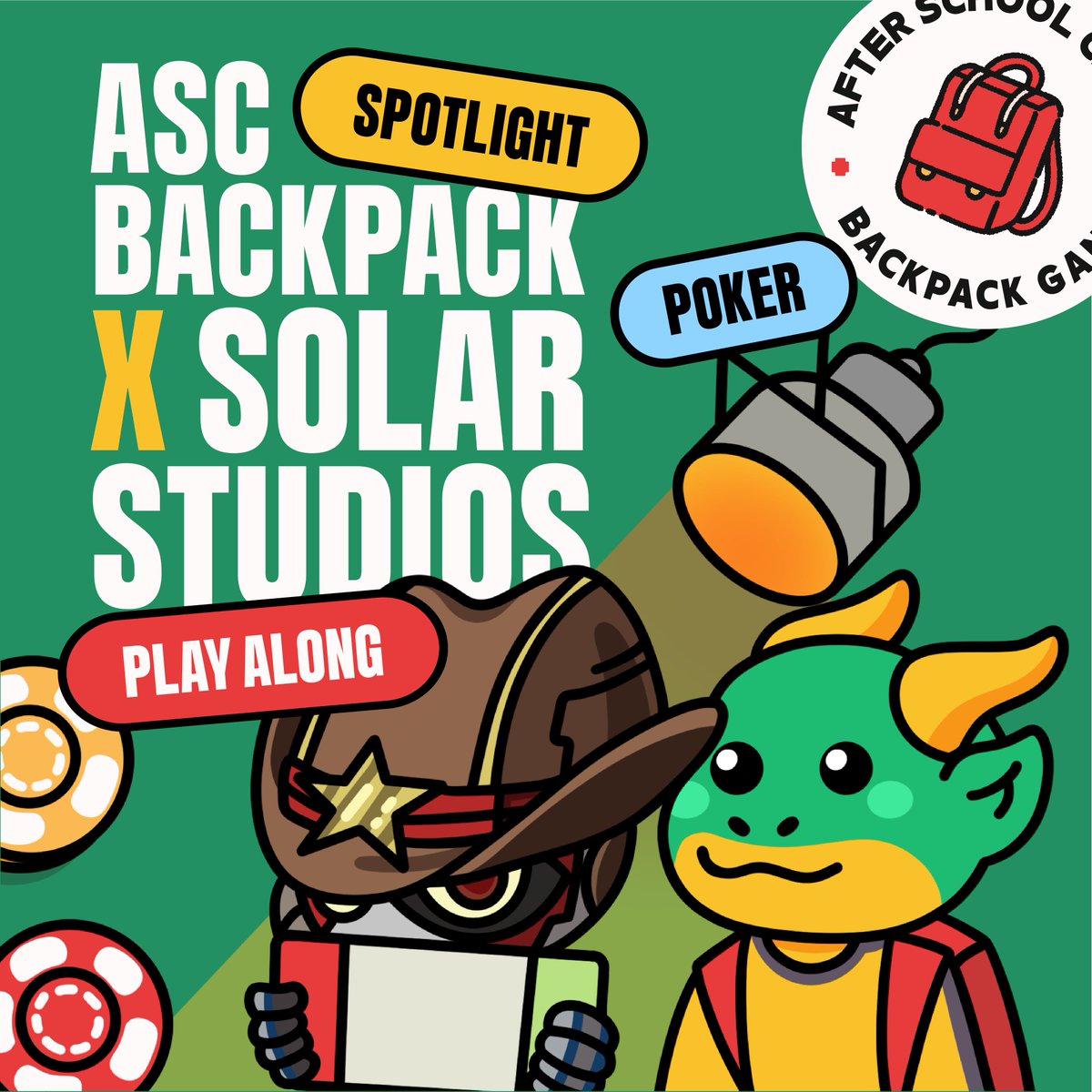 ASCBackpack's tweet photo. This Saturday join us for a Play Along + Poker 🃏🔥
Featuring @SolarStudios

💰 $200 in prizes
🏆 Poker Tournament:
🥇 3 Solar Companions + 1 Yumi Art NFT + $25
🥈 2 Solar Companions + 1 Yumi Art NFT
🥉 2 Yumi Art NFT

🎮 Exclusive alpha tease of 3 upcoming Eclipse games!
Play along with us! Top 5 players win a Yumi Art NFT!

🎙️ Must attend the Play Along to enter poker!

Join us this Saturday! ⬇️
https://t.co/CwyvG09TOT
