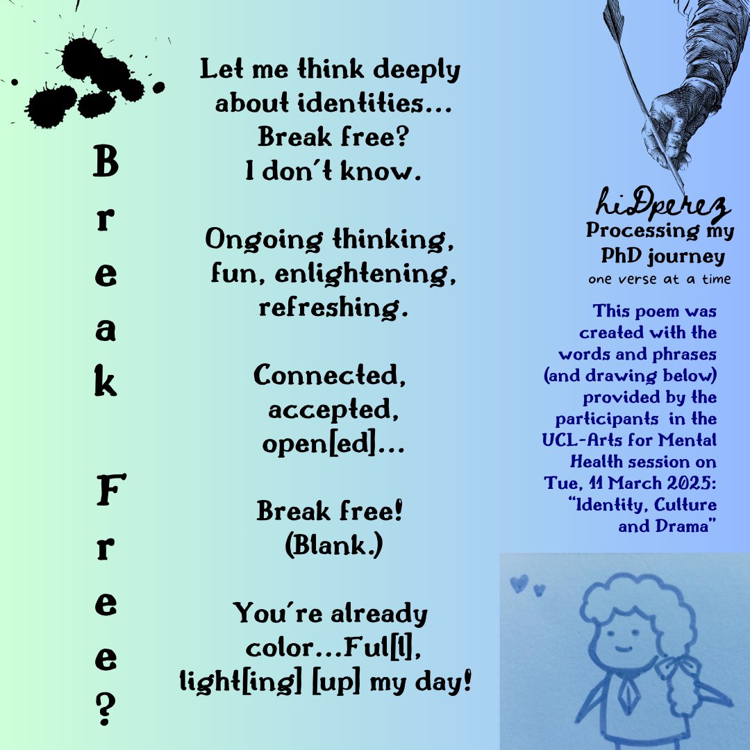 Heidy Perez (@techngartist) on Twitter photo Thank you so much, <a href="/IOE_London/">IOE, UCL's Faculty of Education & Society</a> 's Arts for Mental Health for the invitation! This poem was created using the words, phrases (and drawing) shared by the participants to describe their experiences during the workshop. ❤️ Thank you so much, <a href="/IOE_London/">IOE, UCL's Faculty of Education & Society</a> 's Arts for Mental Health for the invitation! This poem was created using the words, phrases (and drawing) shared by the participants to describe their experiences during the workshop. ❤️