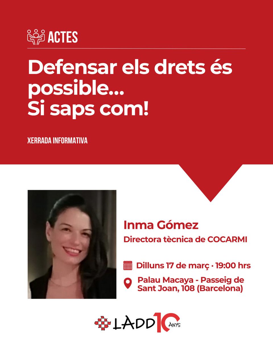 LADD_info's tweet image. 🗣️ Defensar els drets és possible… si saps com

El dilluns 17 de març, a les 18:00 h, l’Inma Gómez, directora tècnica de @cocarmi  ens explicarà en una sessió com defensar els #drets de les persones amb #discapacitat.