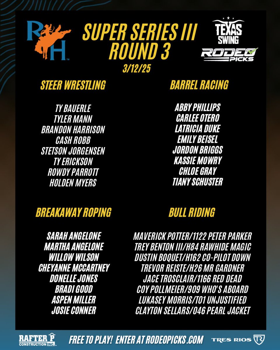 ProFantasyRodeo's tweet image. It’s humpday in H-town and Rodeo Picks are open for Super Series III Round 3! Dont forget to invite your family and friends to play. It’s always more fun playing against your buddies.