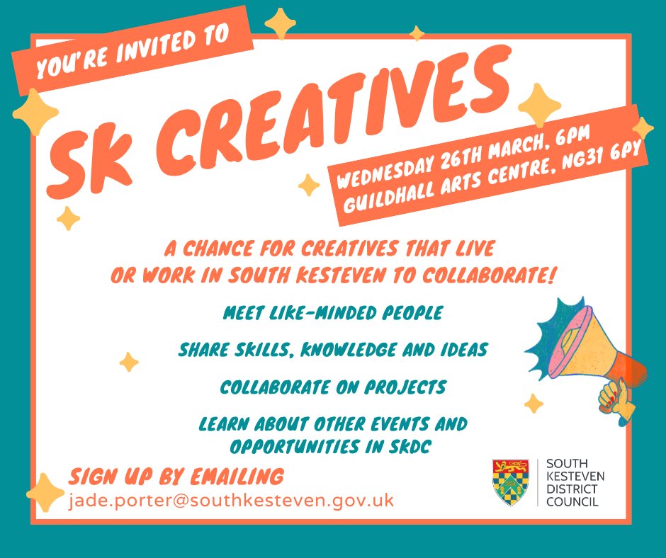 GuildhallArtsCentre (@guildhall_arts) on Twitter photo Join us for the second SK Creatives, this time at the Guildhall, Grantham on 26th March!
🤝 Meet like-minded creatives
💡 Share skills, knowledge, ideas
🎭 Collaborate on projects
📣 Learn about other events & opportunities in SKDC
Email jade.porter@southkesteven.gov.uk to join! Join us for the second SK Creatives, this time at the Guildhall, Grantham on 26th March!
🤝 Meet like-minded creatives
💡 Share skills, knowledge, ideas
🎭 Collaborate on projects
📣 Learn about other events & opportunities in SKDC
Email jade.porter@southkesteven.gov.uk to join!
