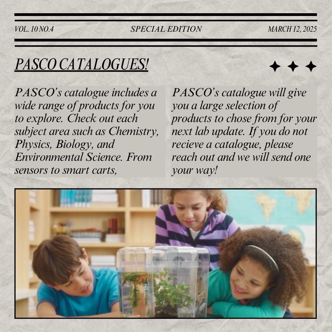 PASCO’s catalogue is on the way! Full of great classroom products for K-12, it’s a great guide for your next lab purchase. Browse new products along with customer favourites. 

If you do not receive a catalogue and would like one, please reach out and we’ll send you a copy.