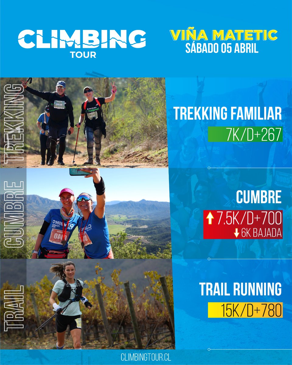 El Climbing Tour está pensado para todos los niveles de senderismo.
¡Quedan los últimos días de preventa! Asegura tu cupo a precio rebajado en climbingtour.cl