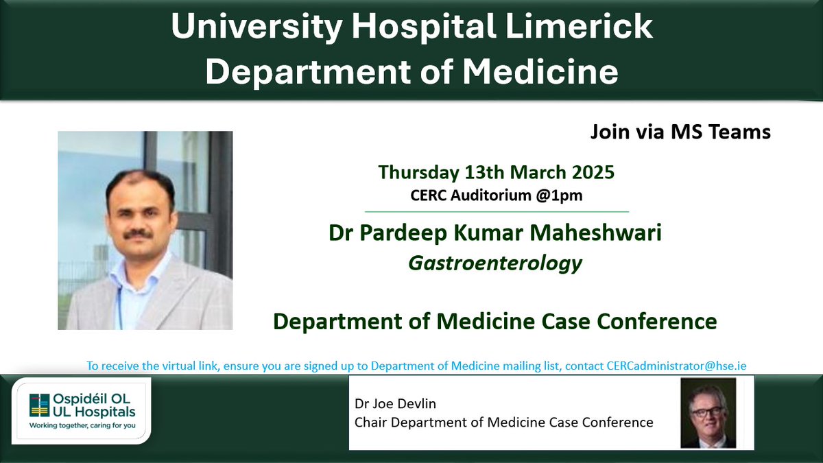 Clinical Education & Research Centre (@cerc_uhl) on Twitter photo This Thursday we are delighted to welcome Dr Pardeep Kumar Maheshwari for the Dept of Medicine Case Conference. This kicks off at 1pm in the CERC auditorium UHL, all are welcome to attend. <a href="/HSEMidWest/">HSE Mid West</a> 🩺 This Thursday we are delighted to welcome Dr Pardeep Kumar Maheshwari for the Dept of Medicine Case Conference. This kicks off at 1pm in the CERC auditorium UHL, all are welcome to attend. <a href="/HSEMidWest/">HSE Mid West</a> 🩺