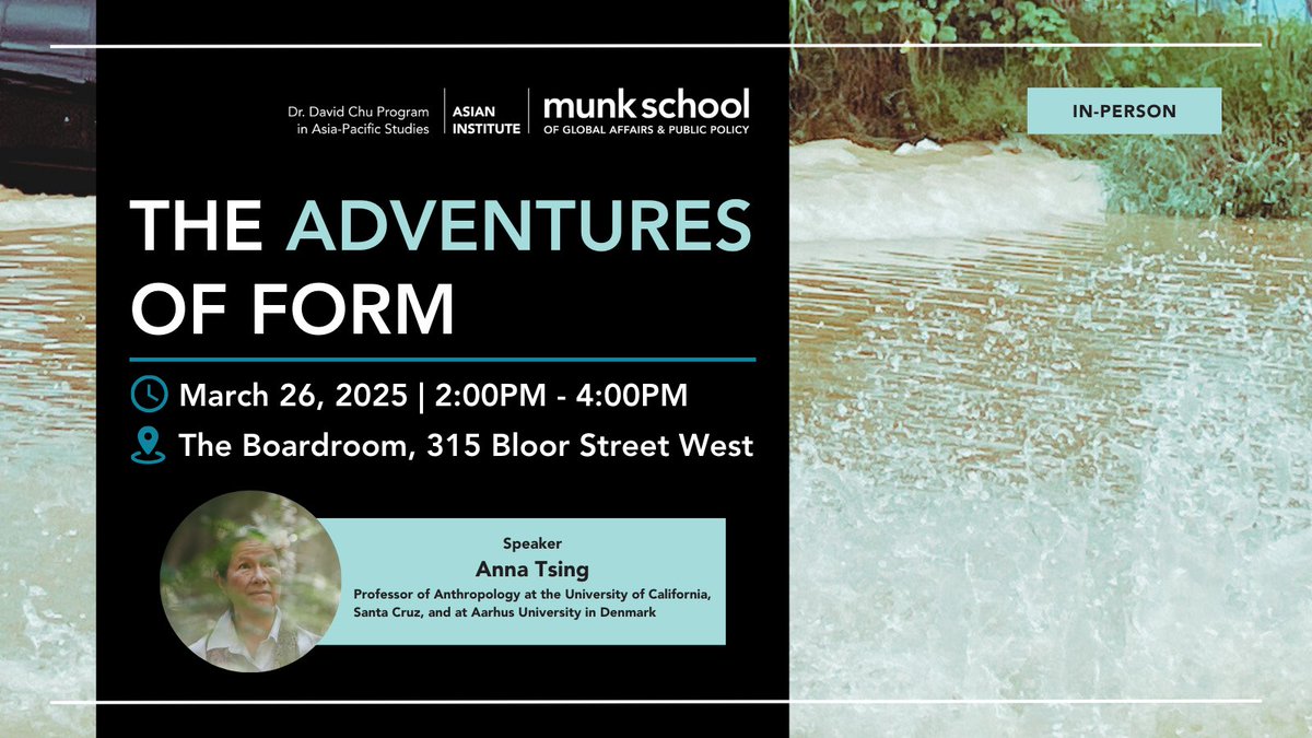 Asian Institute UofT (@ai_uoft) on Twitter photo Join speaker Anna Tsing <a href="/AI_UofT/">Asian Institute UofT</a> <a href="/munkschool/">Munk School</a> <a href="/UofT/">University of Toronto</a> as she talks about non-living beings making worlds, and stories, through their physical form—just as living beings do.
🔗uoft.me/AdventuresForm Join speaker Anna Tsing <a href="/AI_UofT/">Asian Institute UofT</a> <a href="/munkschool/">Munk School</a> <a href="/UofT/">University of Toronto</a> as she talks about non-living beings making worlds, and stories, through their physical form—just as living beings do.
🔗uoft.me/AdventuresForm