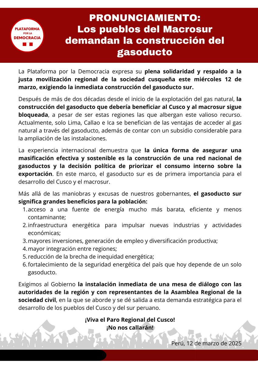 Los pueblos del macrosur exigen el gasoducto sur. Tras 20 años de explotación del gas natural, Lima, Callao e Ica se benefician, pero el Cusco y el sur siguen esperando. ¡Es hora de priorizar el desarrollo regional! #GasoductoSurAhora #VivaElParoRegional