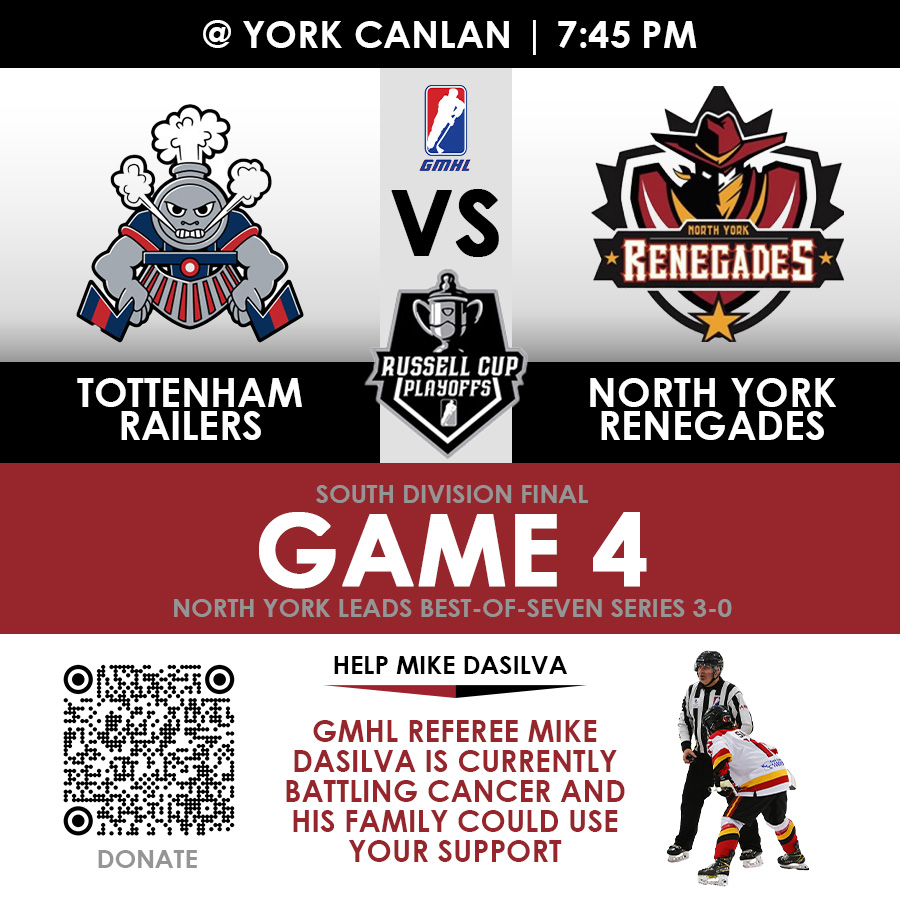YOUR Renegades can punch their ticket to the Russell Cup final with a win at home tonight over the Tottenham Railers in <a href="/TheGMHL/">GMHL</a>  playoff action.
#runtotherussell #juniorhockey #gmhl #unitedinred #hockey