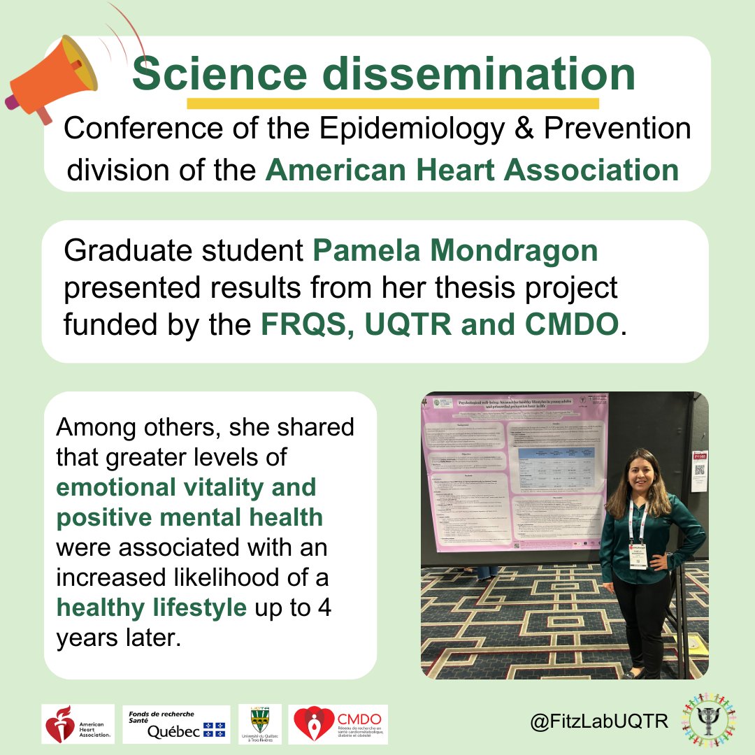 Fitz Lab (@fitzlabuqtr) on Twitter photo 👩💼 Our student Pamela was recently at the AHA conference in New Orleans (US) to present her thesis results based on the NDIT study data. Congrats for disseminating science and representing the FitzLab on the international scene!!
<a href="/UQTR/">UQTR</a>
<a href="/fiusmm/">Fondation IUSMM</a>
<a href="/rrcmdo/">Réseau CMDO</a>
<a href="/FRQS1/">FRQ - secteur Santé</a> 👩💼 Our student Pamela was recently at the AHA conference in New Orleans (US) to present her thesis results based on the NDIT study data. Congrats for disseminating science and representing the FitzLab on the international scene!!
<a href="/UQTR/">UQTR</a>
<a href="/fiusmm/">Fondation IUSMM</a>
<a href="/rrcmdo/">Réseau CMDO</a>
<a href="/FRQS1/">FRQ - secteur Santé</a>