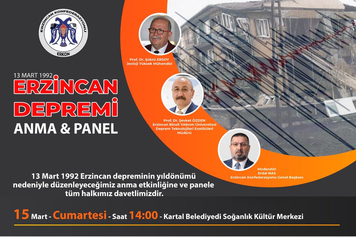 1992 Erzincan Depremi yıldönümü nedeniyle İstanbul’da yaşayan Erzincanlılarla Cumartesi günü Kartal’da beraber olacağız. Önemli konuları konuşacağız. Bekleriz