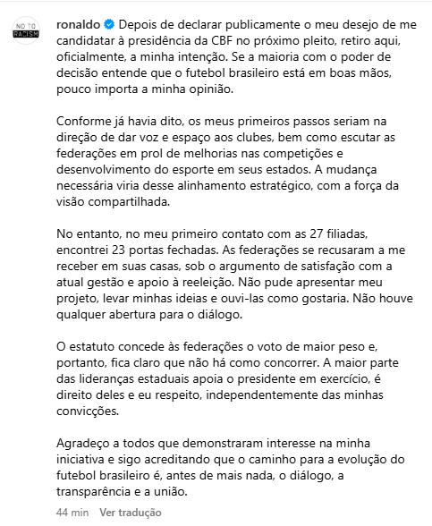 DoentesPFutebol's tweet image. Ronaldo desistiu de concorrer à presidência da CBF.

"No entanto, no meu primeiro contato com as 27 filiadas, encontrei 23 portas fechadas. As federações se recusaram a me receber em suas casas, sob o argumento de satisfação com a atual gestão e apoio à reeleição. Não pude…