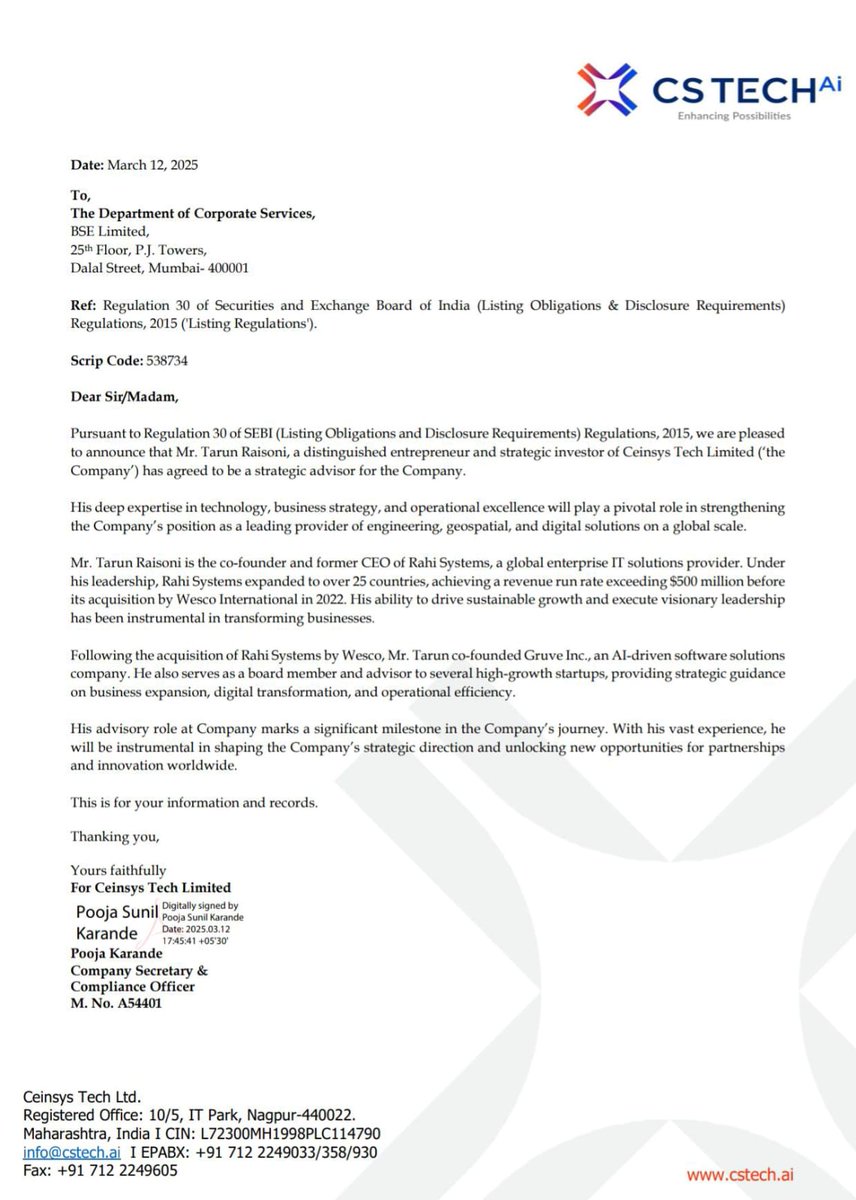 NSuresh_ECW's tweet image. Ceinsys Tech appoints "Mr Tarun Raisoni" as strategic Advisor

~He was the former CEO of Rahi Systems ( A global IT solutions provider)

#CEINSYSTECH