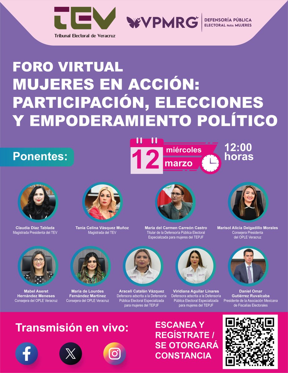 📢#EnEsteMomento TRANSMISIÓN EN VIVO por las #RRSSdel <a href="/TEVeracruz/">TEVeracruz</a> del Foro VIRTUAL Mujeres en acción: participación, elecciones y empoderamiento político. 
<a href="/Tanis_Vas/">Tania Celina Vásquez-Muñoz</a> <a href="/CarmenCarreonC/">Carmen Carreón Castro</a> <a href="/Marisol_OPLEVer/">Marisol Delgadillo</a> <a href="/MabelHdezM/">Mabel Hernández</a> <a href="/Lourdes_FdezMtz/">Lourdes Fernández</a> <a href="/DefElecMujer/">Defensoría Pública Electoral para Mujeres</a> <a href="/TEPJF_informa/">Tribunal Electoral del PJF</a> <a href="/AMFEMX/">Asociación Mexicana de Fiscales Electorales</a>