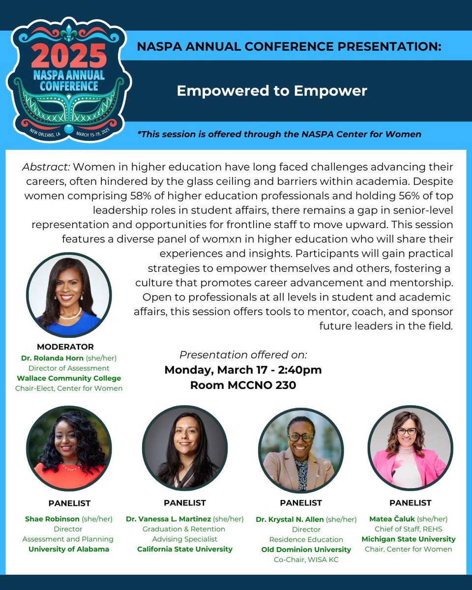 Join us at the <a href="/NASPAtweets/">NASPA</a> annual conference in New Orleans, LA! #naspa #naspa25 @NASPACFW will host our signature panel incorporating our theme “Empowered Women Empower Women.” #NASPACFW

Don’t miss this one. We hope to see you there!