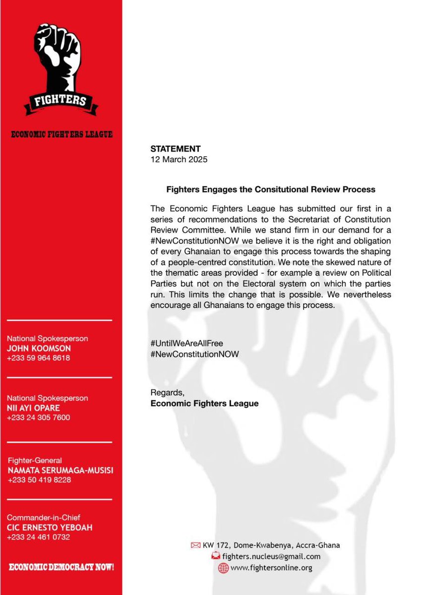 EFLFighters's tweet photo. STATEMENT_12 March 2025

Fighters Engages the Consitutional Review Process

The Economic Fighters League has submitted our first in a series of recommendations to the Secretariat of Constitution Review Committee.

#UntilWeAreALLFree
#NewConstitutionNOW

1/3 https://t.co/ZKL4Xfpus8