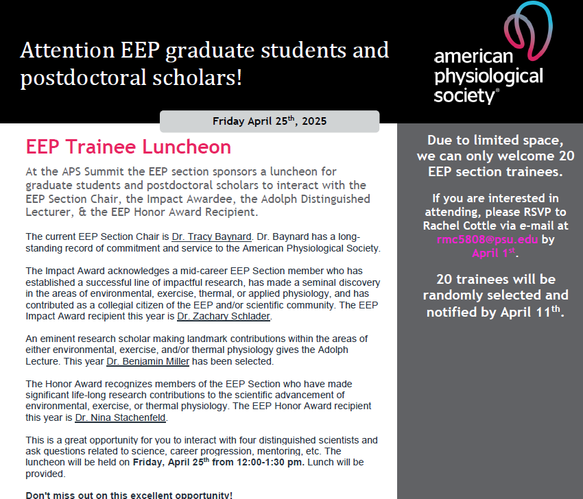 APS EEP Section (@apseepsection) on Twitter photo 🚀 Exclusive opportunity for EEP trainees! 🚀
Lunch with top researchers at #APSSummit on April 25th! Network, get career advice, and meet award-winning scientists🍽️✨
Only 20 spots—will YOU be one of the lucky ones?
🗓️Apply by April 1st: rmc5808@psu.edu 📩 🚀 Exclusive opportunity for EEP trainees! 🚀
Lunch with top researchers at #APSSummit on April 25th! Network, get career advice, and meet award-winning scientists🍽️✨
Only 20 spots—will YOU be one of the lucky ones?
🗓️Apply by April 1st: rmc5808@psu.edu 📩