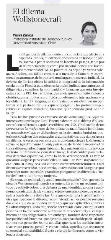 Comparto mi columna de esta semana dedicada a lo acaecido con la Diputada, Karol Cariola.