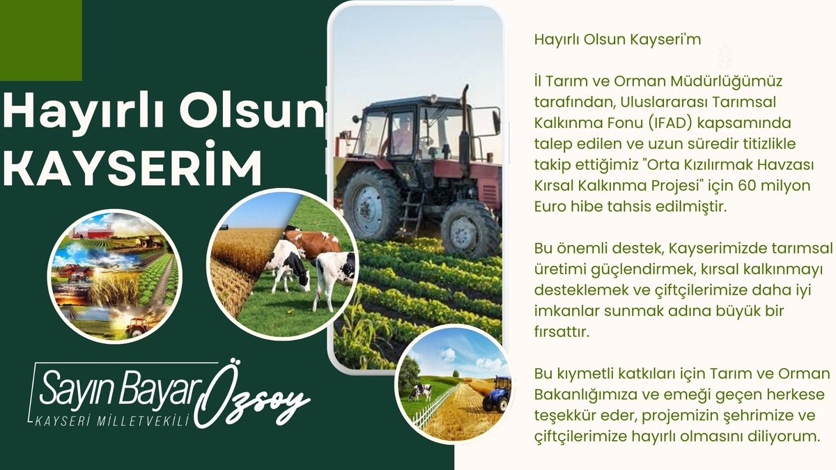 Hayırlı Olsun Kayseri'm 

İl Tarım ve Orman Müdürlüğümüz tarafından, Uluslararası Tarımsal Kalkınma Fonu (IFAD) kapsamında talep edilen ve uzun süredir titizlikle takip ettiğimiz "Orta Kızılırmak Havzası Kırsal Kalkınma Projesi" için 60 milyon Euro hibe tahsis edilmiştir.

Bu