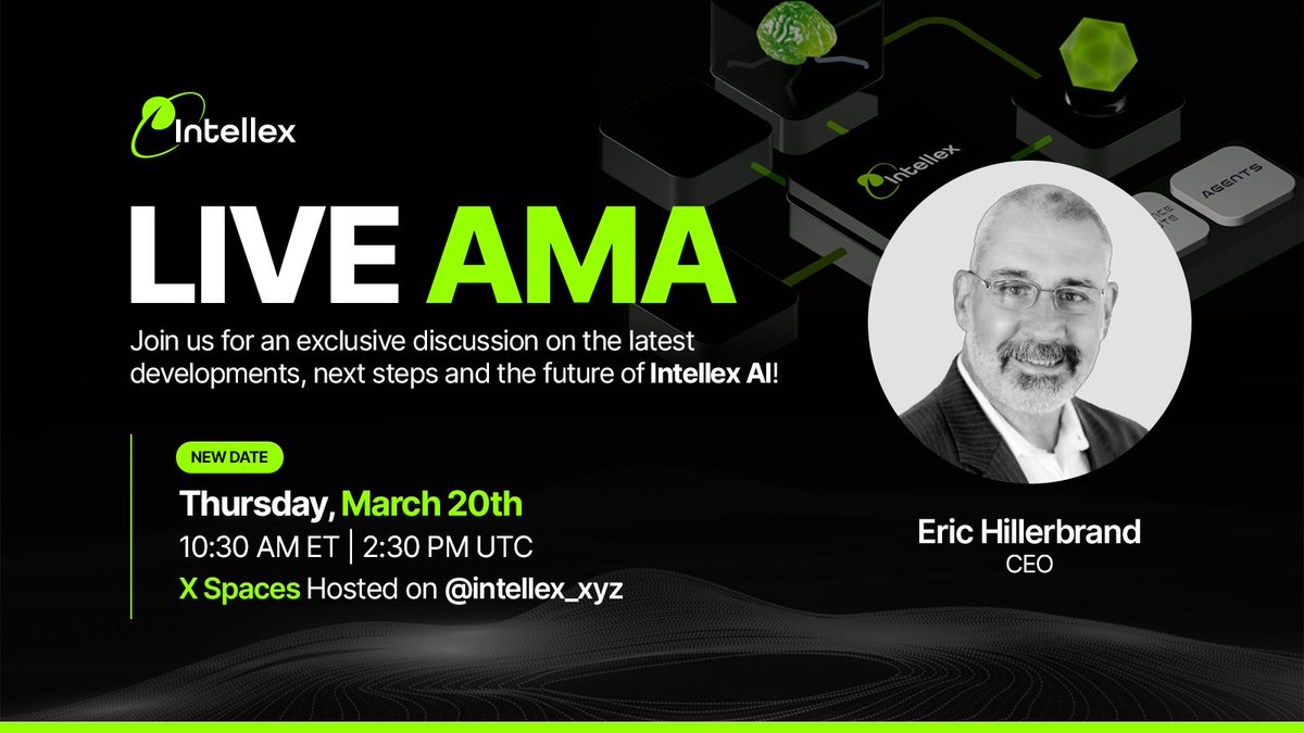 intellex_xyz's tweet photo. 🚀 https://t.co/u564egibjr AMA Incoming!

Got questions about https://t.co/u564egibjr and our vision for the future of agent interoperability and AI? Now’s your chance!

To give the community more time to send their questions, the AMA was postponed by one week.

Join us on X Spaces next Thursday, March 20, 2025, at  10:30 AM ET /2:30 PM UTC ⏳

Intellex’s CEO, @EricHillerbrand, will be ready to answer your queries. To participate, submit your questions ahead of time here: https://t.co/gLL2GxLKcB

We’ll be covering everything from our upcoming TGE, development progress, partnerships, and more – so bring your best questions! Can’t wait to see you there.