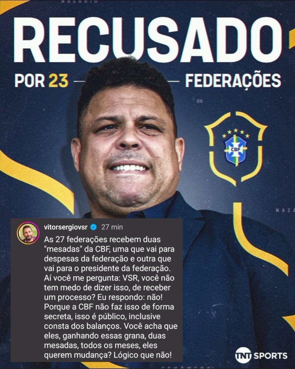As 27 federações recebem duas "mesadas" da CBF, uma vai para as "despesas" da entidade e a outra vai direto para o presidente. E não é necessário prestar contas de nenhuma delas!

Quando eu falo isso, já fui perguntado se eu não tenho medo de levar processo? Claro que não tenho!
