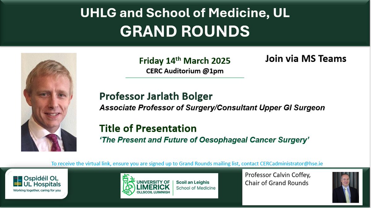 Clinical Education & Research Centre (@cerc_uhl) on Twitter photo This Friday we are delighted to welcome Professor Jarlath Bolger for the University Hospital Limerick and School of Medicine UL, Grand Rounds. This kicks off at 1pm in the CERC auditorium UHL, all are welcome to attend. <a href="/HSEMidWest/">HSE Mid West</a> <a href="/MedicineAtUL/">UL School of Medicine</a> 🩺 This Friday we are delighted to welcome Professor Jarlath Bolger for the University Hospital Limerick and School of Medicine UL, Grand Rounds. This kicks off at 1pm in the CERC auditorium UHL, all are welcome to attend. <a href="/HSEMidWest/">HSE Mid West</a> <a href="/MedicineAtUL/">UL School of Medicine</a> 🩺