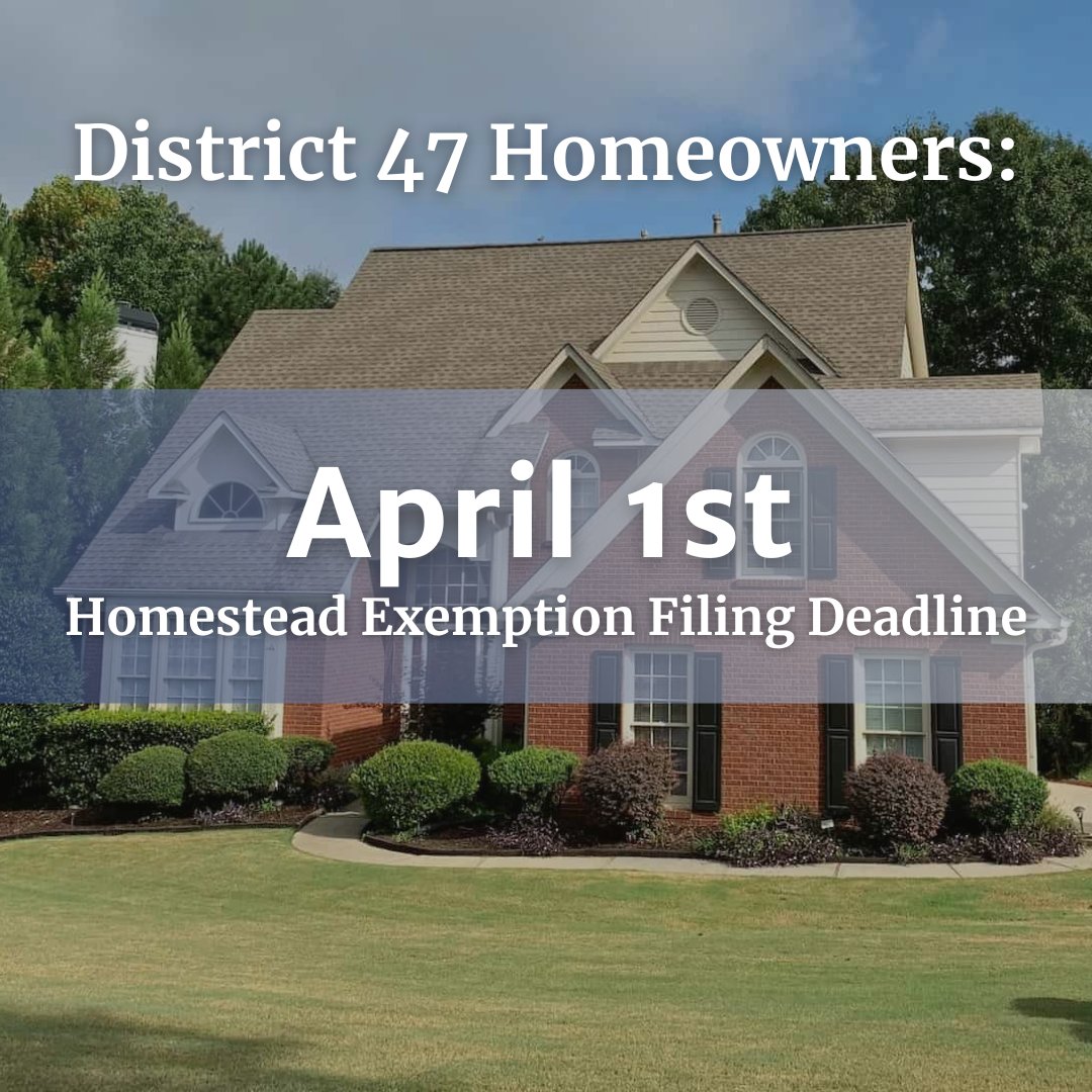 Jan Jones (@janjonesga) on Twitter photo District 47 homeowners — remember to verify your existing homestead exemption and apply for any special exemptions by April 1st. 
Fulton County: 
fultonassessor.org/exemptions/
Cherokee County:
cherokeecountyga.gov/tax-assessors-…
City of Milton: 
miltonga.gov/.../senior-hom… District 47 homeowners — remember to verify your existing homestead exemption and apply for any special exemptions by April 1st. 
Fulton County: 
fultonassessor.org/exemptions/
Cherokee County:
cherokeecountyga.gov/tax-assessors-…
City of Milton: 
miltonga.gov/.../senior-hom…