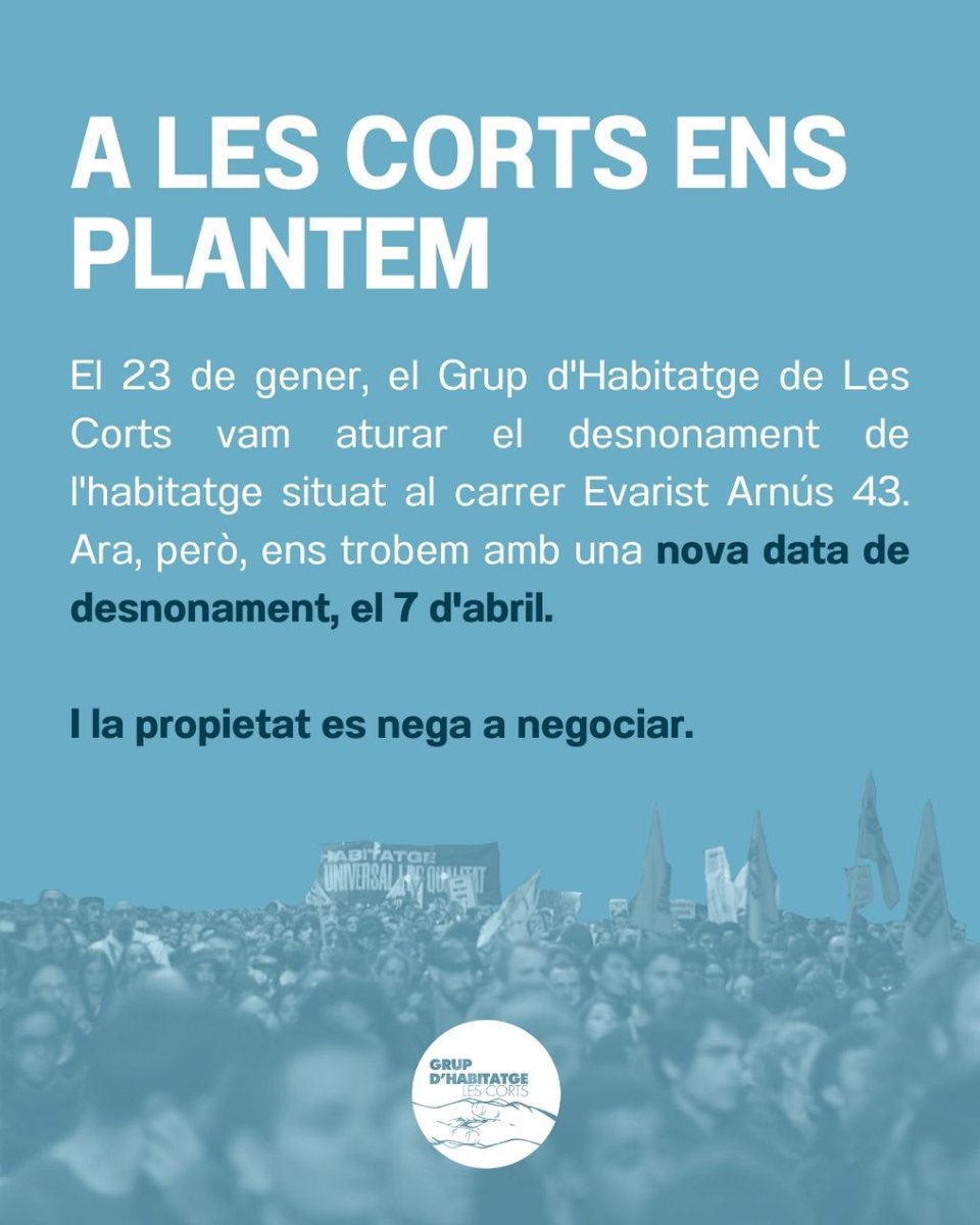 📤 Fem públic el manifest i col·lectius, entitats i sindicats signants per l'aturada del desnonament programat pel proper dilluns 7 d'abril a les Corts!

Exigim a la propietat un canal de negociació que garanteixi un habitatge digne a les famílies.