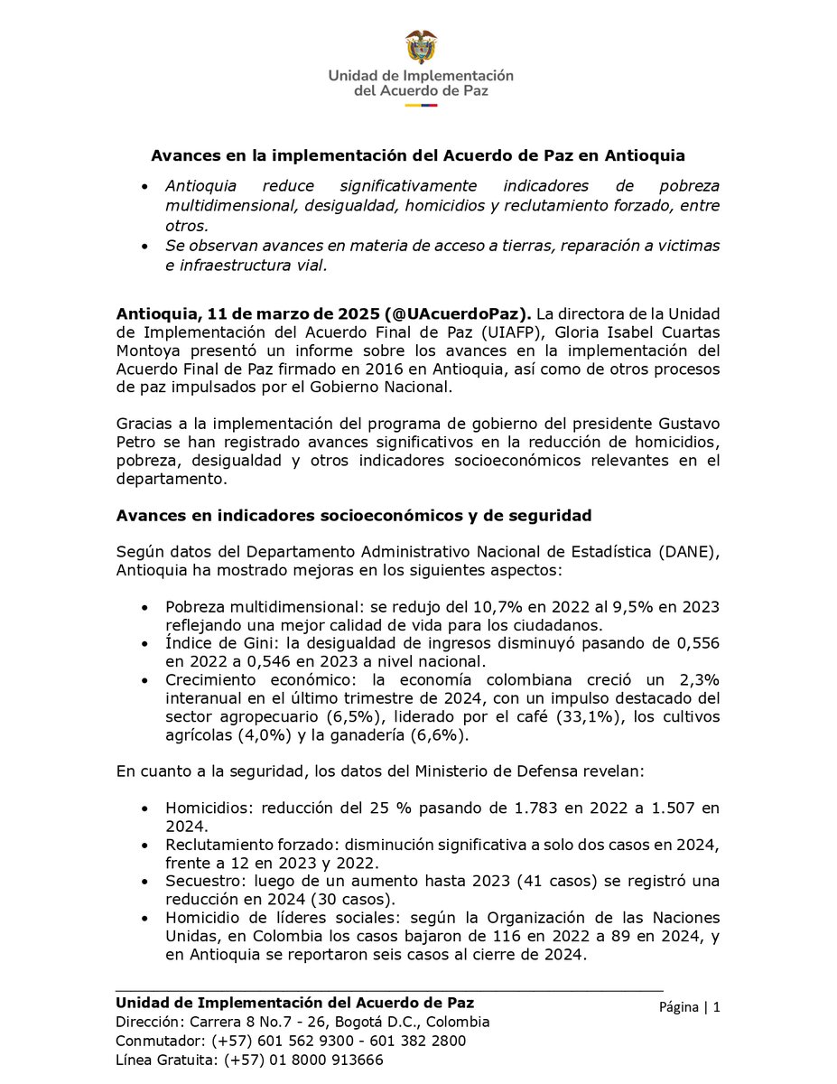 UAcuerdoPaz's tweet image. #FirmesConElAcuerdo 💪🕊️La @UAcuerdoPaz, bajo el liderazgo de @GloriaCuartas presenta el 2do informe de avances de la implementación del #AcuerdoDePaz en #Antioquia, en el marco del mandato de @petrogustavo y el #GobiernoDelCambio.
📢 ¡Descúbrelo!
🔗 tinyurl.com/PubInfoAnt2