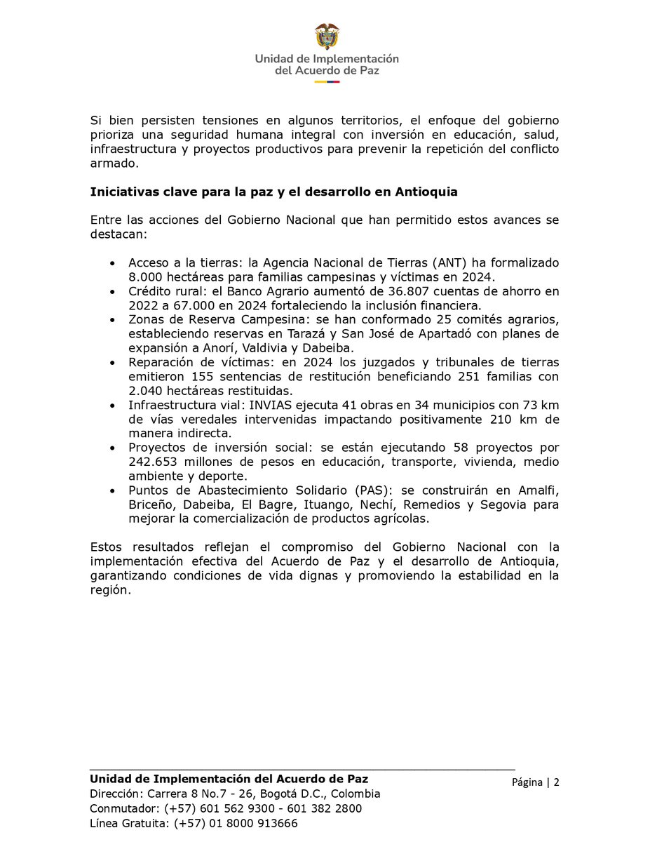 UAcuerdoPaz's tweet image. #FirmesConElAcuerdo 💪🕊️La @UAcuerdoPaz, bajo el liderazgo de @GloriaCuartas presenta el 2do informe de avances de la implementación del #AcuerdoDePaz en #Antioquia, en el marco del mandato de @petrogustavo y el #GobiernoDelCambio.
📢 ¡Descúbrelo!
🔗 tinyurl.com/PubInfoAnt2