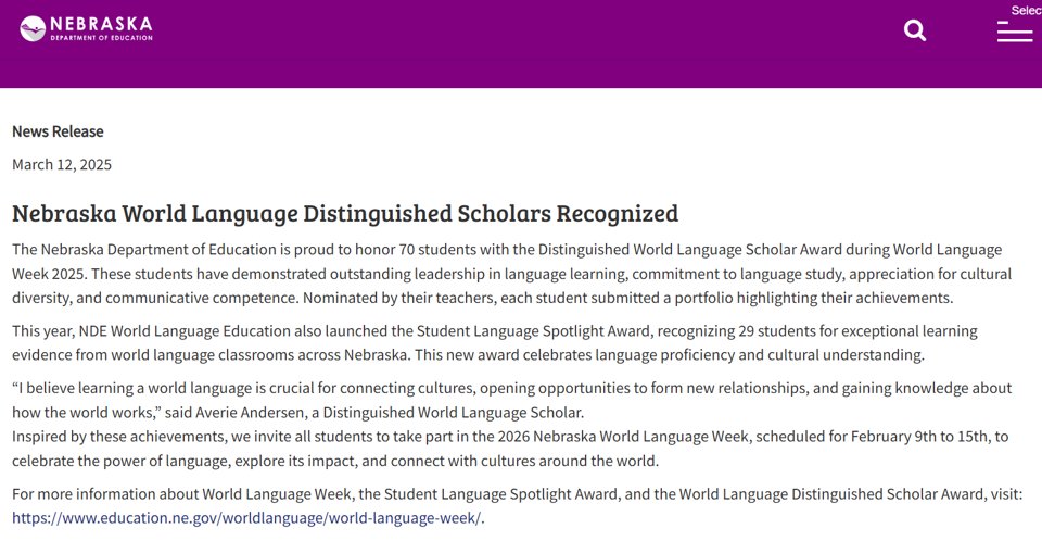 🎉 Congrats to Nebraska’s World Language Scholars! 🌍🏆
NDE honors 70 Distinguished Scholars &amp; 29 Student Spotlight Awardees for their excellence in language learning! 🎓✨
📖 See the honorees: tinyurl.com/2025ndeWLnews <a href="/ESUCC/">ESUCC</a> <a href="/NDE_News/">NDE NEWS</a> <a href="/NDE_GOV/">NDE</a> <a href="/LPSorg/">Lincoln Public Schools</a> <a href="/OmahaPubSchool/">Omaha Public Schools</a>