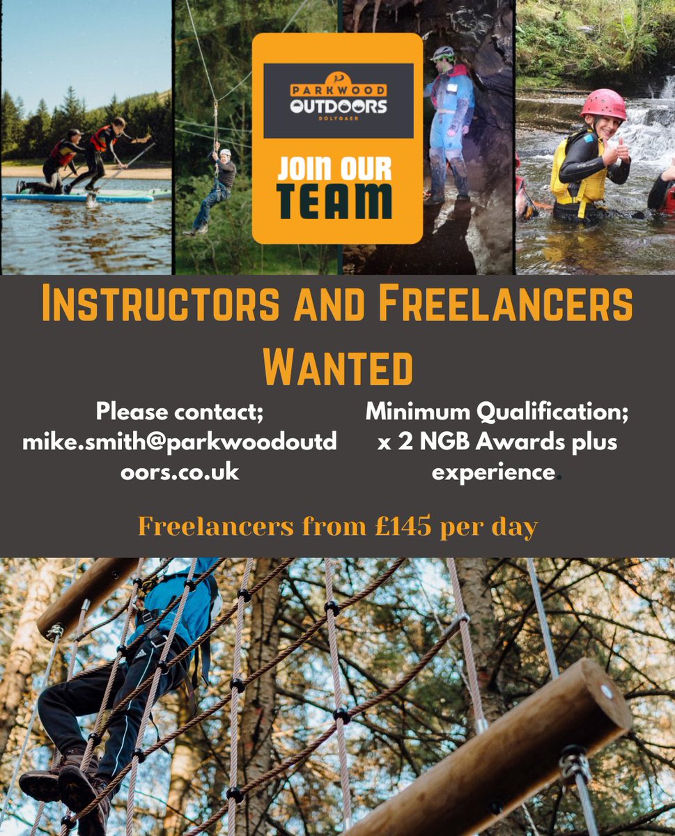 WE WANT YOU 🫵

Are you looking to be part of a fun and dynamic team? Based in South Wales, we are a multi-activity centre seeking enthusiastic Instructors for the season.  Interested or would like more details, please contact Mike Smith at mike.smith@parkwoodoutdoors.