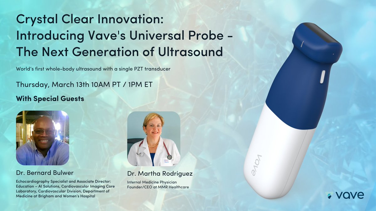 Vave Health (@vavehealth) on Twitter photo 🚀 TOMORROW - Join us as we unveil Vave's Universal Probe, the world's 1st wireless whole-body #ultrasound with a single PZT transducer.
Hear from special guests:
🎤 <a href="/drmartharod/">Martha M. Rodriguez, MD</a> <a href="/bebulwer/">Bernard E Bulwer</a>
Register: bit.ly/4bNORvB
#POCUS #PortableUltrasound #HandheldUltrasound 🚀 TOMORROW - Join us as we unveil Vave's Universal Probe, the world's 1st wireless whole-body #ultrasound with a single PZT transducer.
Hear from special guests:
🎤 <a href="/drmartharod/">Martha M. Rodriguez, MD</a> <a href="/bebulwer/">Bernard E Bulwer</a>
Register: bit.ly/4bNORvB
#POCUS #PortableUltrasound #HandheldUltrasound