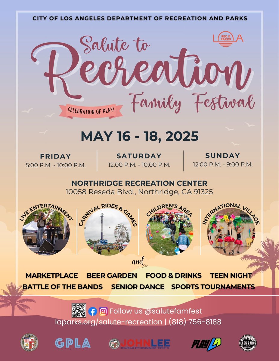 The Salute to Recreation Family Festival is returning on May 16-18, 2025! ☀️ Come experience all the fun from games to music to live entertainment! 🌟🎶🎡🫧

Visit LAParks.org/Salute-Recreat… to learn more

#SaluteToRecreation #EverythingUnderTheSun #ParkProudLA #LACityParks