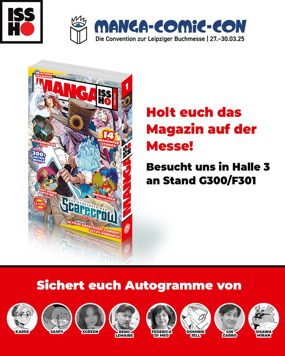 Entdeckt MANGA ISSHO vom 27. bis 30. März auf der Manga-Comic-Con in Leipzig! Dort könnt ihr nicht nur die erste Ausgabe des Magazins am altraverse-Stand kaufen (direkt nebenan), sondern euch auch Autogramme von teilnehmenden Künstler*innen sichern!
altraverse.de/termine/mcc-20…