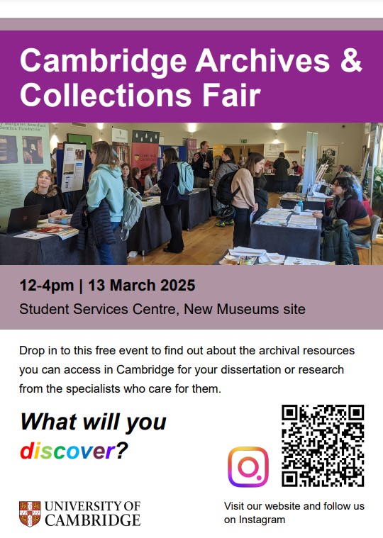 📣The 2025 Cambridge Archives &amp; Collections Fair is taking place tomorrow (Thursday 13 March) at the Student Services Centre.

📍Drop in to learn about the archival resources in Cambridge from the specialists who care for them

🔗 loom.ly/wqyhEYU

#ArchiveFair25