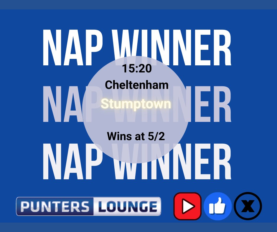 🚨 NAP LANDS! 🚨

🏇 Stumptown storms home in the Cross Country at 5/2! 🔥💰

A cracking result for Punters Lounge followers—hope you were on! 🎯💸

#Cheltenham #NAP #cheltenhamfestival