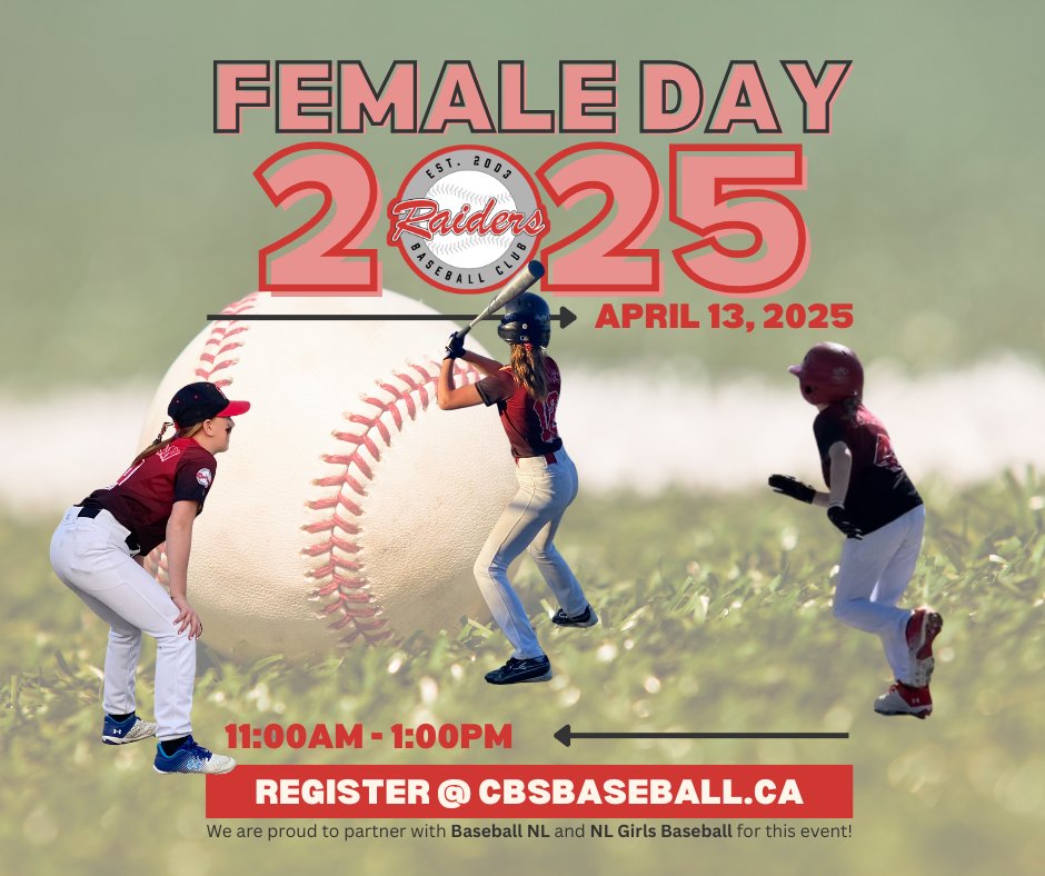 Join us for our 3rd Annual Female Baseball Day on April 13 at Queen Elizabeth High School! 
Celebrate the power of sports, learn valuable skills, and have fun! Open to all skill levels.  Register at cbsbaseball.ca <a href="/TownofCBS/">Conception Bay South</a> 
This FREE event with <a href="/NLGirlsBaseball/">NL Girls Baseball</a>