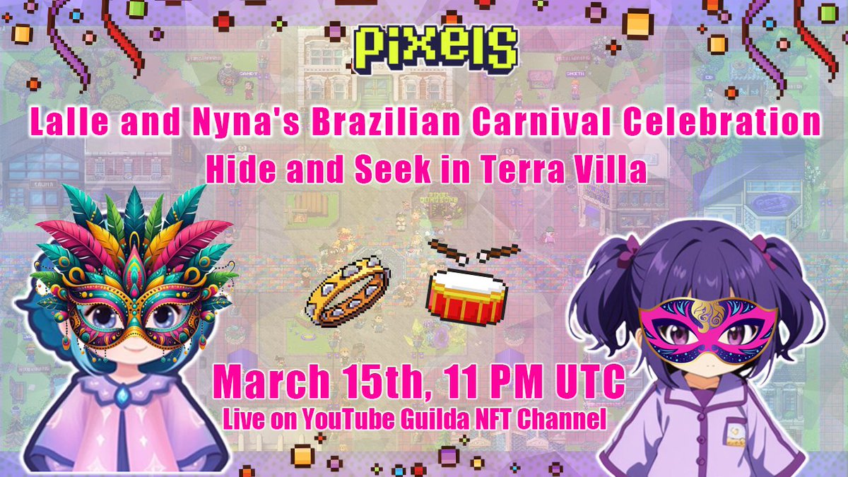 Hey guys!! Nyna  <a href="/julianasnav/">Nyna Mary</a>  and I are very happy to be the hosts of the Pixels Energy Party next Saturday🤩🥳🙌🥹!!!! 

We are Brazilian and we want to show you a little bit of the Brazilian Carnival, the most traditional and joyful party in our country😃!!! To make this