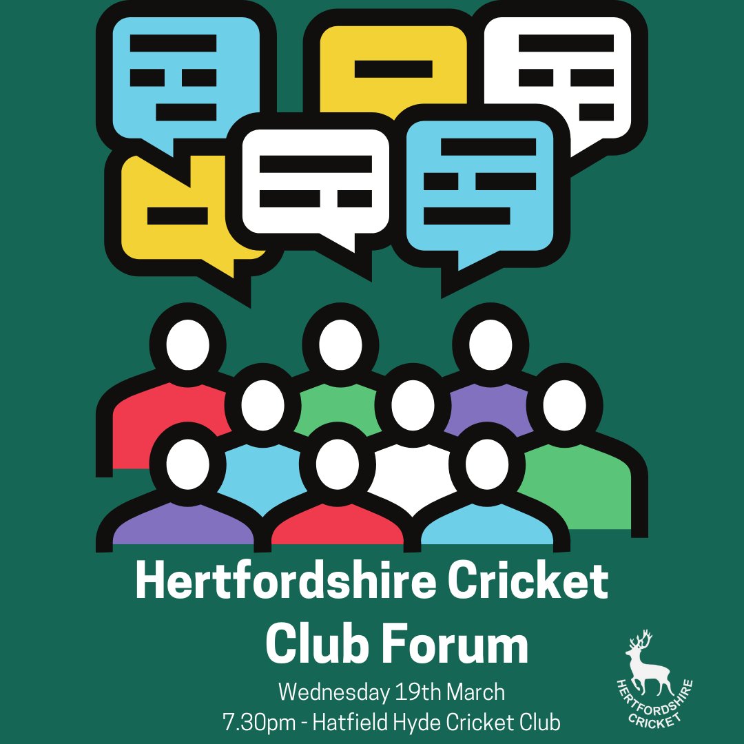 Hertfordshire Cricket (@hertscricket) on Twitter photo Don't forget to sign up for our <a href="/hertscricket/">Hertfordshire Cricket</a> Club Forum on 19th March at Hatfield Hyde CC - 7.30pm start
Register Here tinyurl.com/hclclubforum
For More Details hertscricket.org/news/hertfords…
<a href="/hertsaco/">Hertfordshire Association of Cricket Officials</a> <a href="/HertsPremierCL/">Hertfordshire Premier Cricket League</a> <a href="/herts_CA/">Hertfordshire coach development</a> <a href="/HertsJuniorCL/">Hertfordshire Junior Cricket League</a> <a href="/HEBLcricket/">Herts & Essex Border League</a> Don't forget to sign up for our <a href="/hertscricket/">Hertfordshire Cricket</a> Club Forum on 19th March at Hatfield Hyde CC - 7.30pm start
Register Here tinyurl.com/hclclubforum
For More Details hertscricket.org/news/hertfords…
<a href="/hertsaco/">Hertfordshire Association of Cricket Officials</a> <a href="/HertsPremierCL/">Hertfordshire Premier Cricket League</a> <a href="/herts_CA/">Hertfordshire coach development</a> <a href="/HertsJuniorCL/">Hertfordshire Junior Cricket League</a> <a href="/HEBLcricket/">Herts & Essex Border League</a>