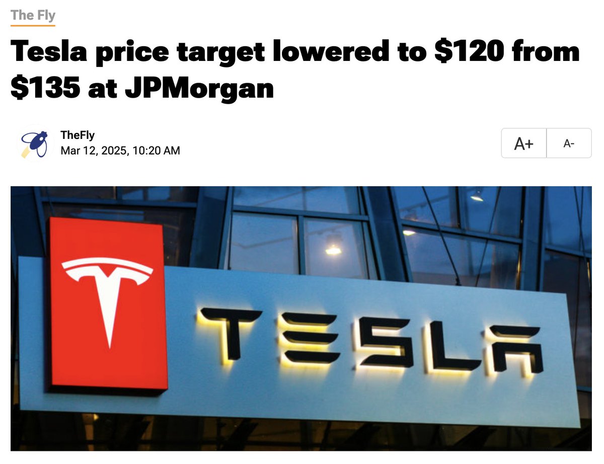 JUST IN 🚨: Tesla $TSLA price target cut to $120 by JP Morgan