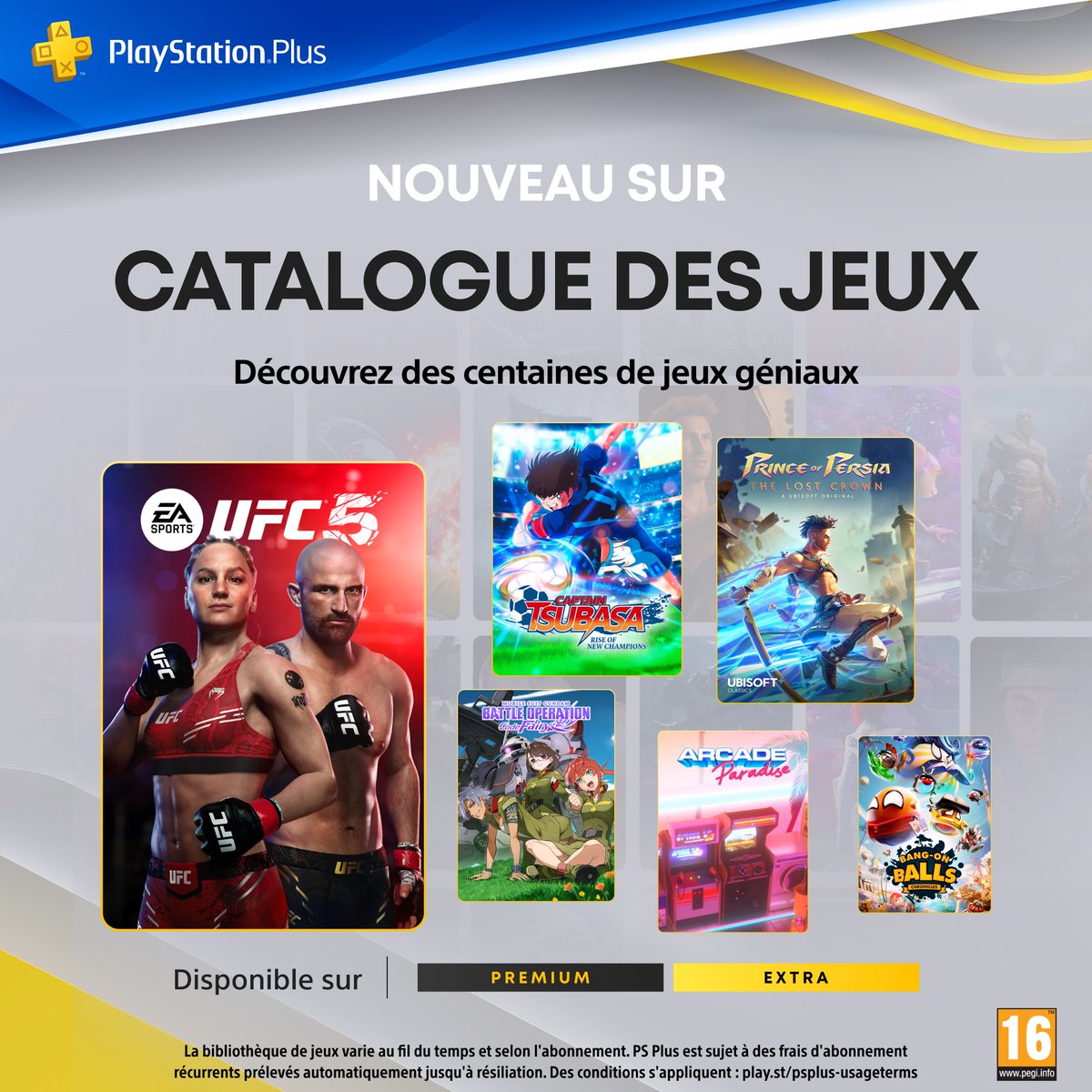 Dès le 18 mars, 12 nouveaux jeux rejoignent le catalogue PlayStation Plus dont :
💥 UFC 5
🏜️ Prince of Persia: The Lost Crown
⚽ Captain Tsubasa: Rise of New Champions

La liste complète est ici :  play.st/4hyzFDY