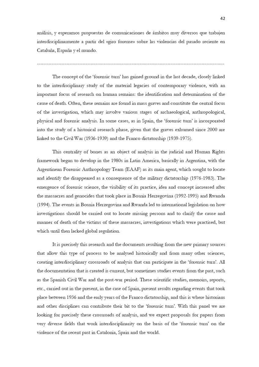 In January 2026, the <a href="/ContemporaniaUB/">Secció d'Història Contemporània i Món Actual (UB)</a> will host its 3rd International Congress, Cruïlles/Crossroads.

<a href="/QBru/">Queralt Solé</a>, <a href="/OriolDuenas/">Oriol Dueñas</a>, and I are coordinating the panel "Historicise the ‘Forensic Turn’ in Relation to the Conflicts of the Recent Past. "

We look forward to your proposals!
