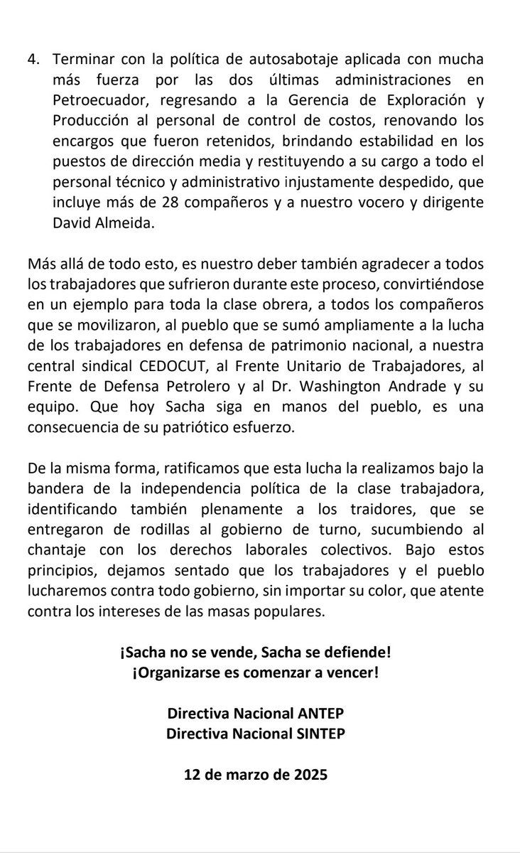 ANTEP (@antep_ec) on Twitter photo 📢COMUNICADO: Campo Sacha
Las declaraciones de <a href="/inesmanzano/">Ines Manzano</a> de <a href="/RecNaturalesEC/">Ministerio de Energía y Minas Ecuador🇪🇨</a> en <a href="/EcuavisaInforma/">Ecuavisa Noticias</a> no son suficientes. El gobierno debe deshacer las cosas de la misma forma que las hizo: Derogar resoluciones y acuerdos, debe devolver las torres de perforación y 📢COMUNICADO: Campo Sacha
Las declaraciones de <a href="/inesmanzano/">Ines Manzano</a> de <a href="/RecNaturalesEC/">Ministerio de Energía y Minas Ecuador🇪🇨</a> en <a href="/EcuavisaInforma/">Ecuavisa Noticias</a> no son suficientes. El gobierno debe deshacer las cosas de la misma forma que las hizo: Derogar resoluciones y acuerdos, debe devolver las torres de perforación y