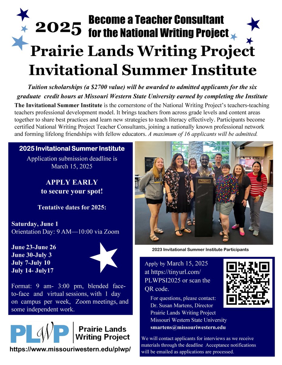 theplwp's tweet image. PLWP Teacher Consultants, please nudge your recruits to apply for the 2025 Summer Institute before the March 15 deadline! Send them the application link and the flyer! forms.gle/yX6A9TuPZLAYC1…
