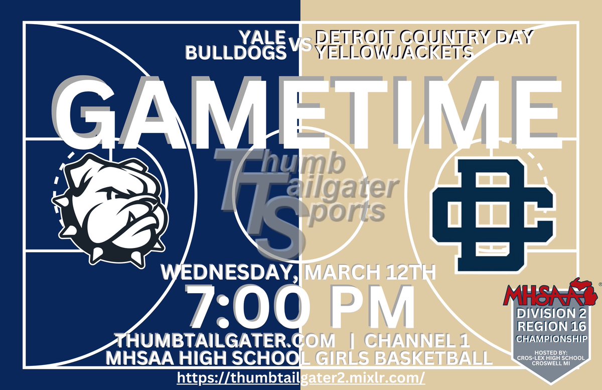 Tonight the Yale Bulldogs take on Country Day is hopes of taking home a Regional Title. 

Live Broadcast
Wed. March 12th
Girls Div 2 Region 16

Yale Bulldogs
vs
Country Day Yellowjackets

Pregame 6:30pm
Tip-off 7:00pm

Listen at thumbtailgater.com