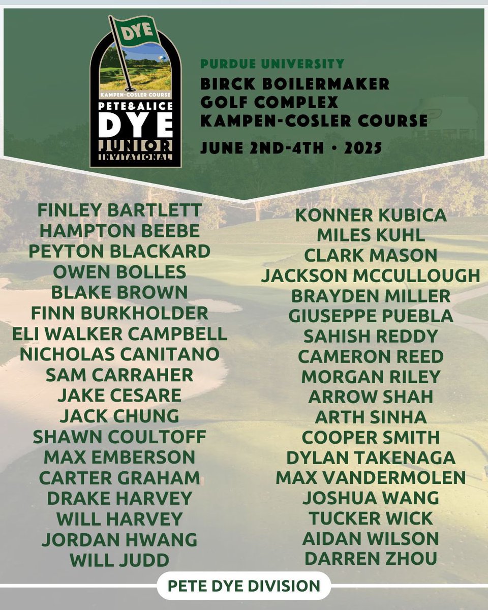 The Dye Junior Invitational (@thedyejunior) on Twitter photo ๐๏ธโโ๏ธ The 2025 Dye Junior Invitational field is set! ๐๏ธโโ๏ธ
Nearly 300 applied for just 72 spotsโthank you all! The competition was fierce, and we canโt wait to welcome this yearโs field. โณ๏ธ
For those not selected, keep grindingโwe hope to see you next year! ๐๐
#DyeJuniorInvitational ๐๏ธโโ๏ธ The 2025 Dye Junior Invitational field is set! ๐๏ธโโ๏ธ
Nearly 300 applied for just 72 spotsโthank you all! The competition was fierce, and we canโt wait to welcome this yearโs field. โณ๏ธ
For those not selected, keep grindingโwe hope to see you next year! ๐๐
#DyeJuniorInvitational
